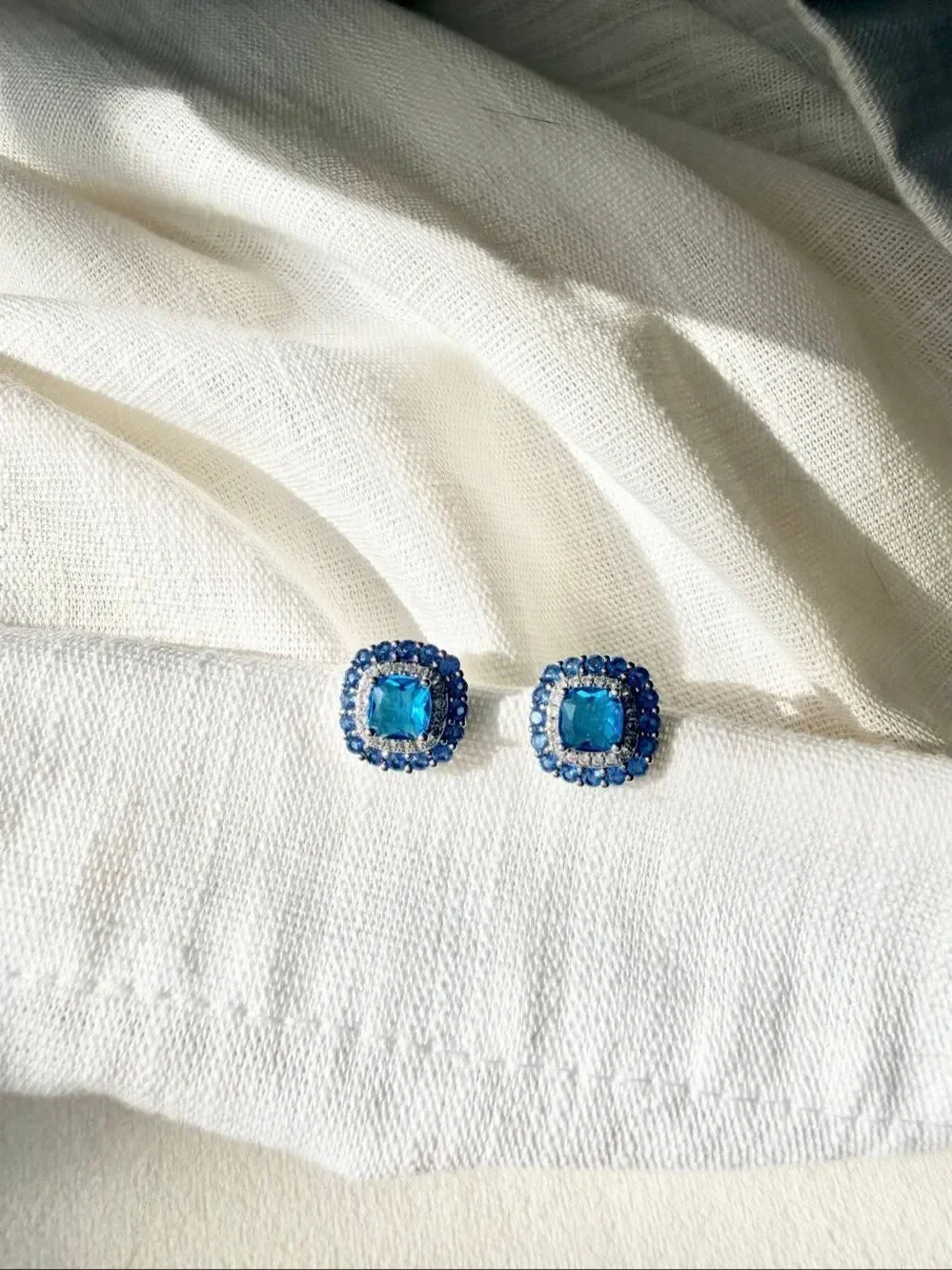 Sapphire Blue Cubic Zirconia Cushion Halo Stud Earrings Silver Tone